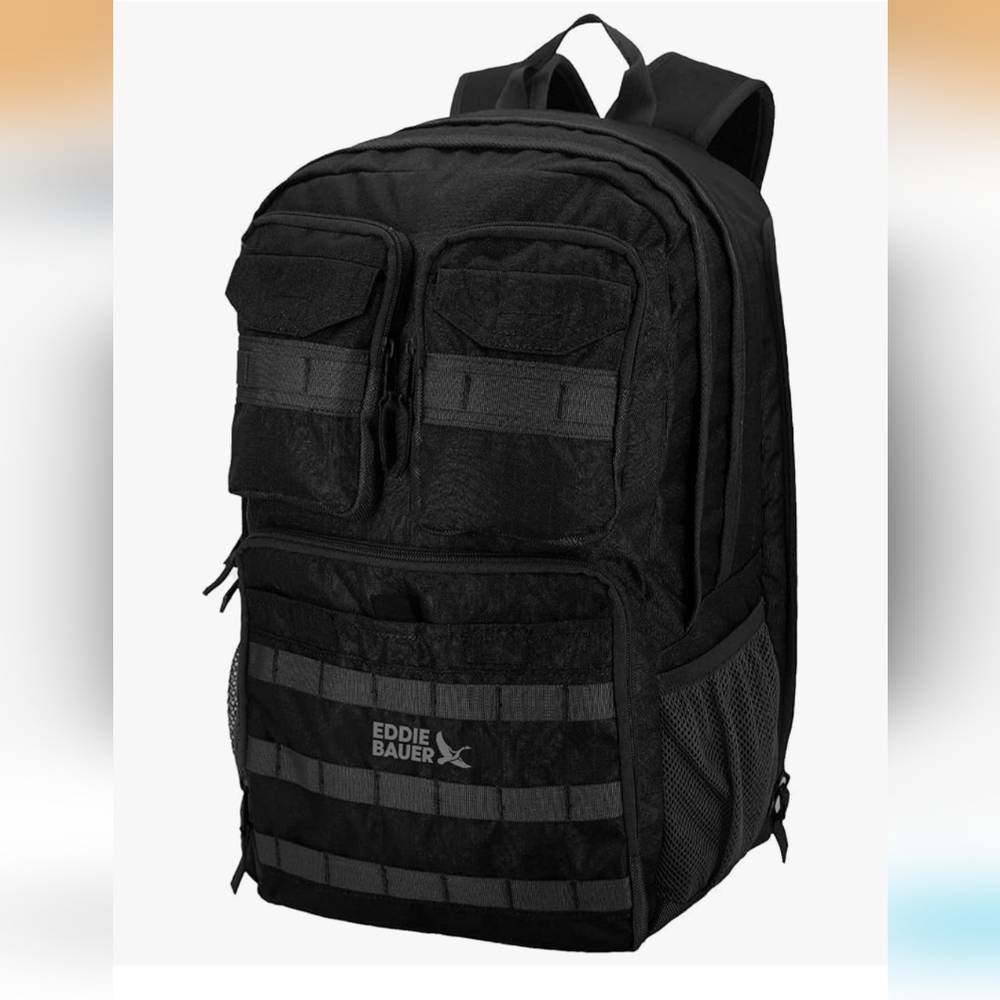 Eddie Bauer Cargo Tactical Backpack Black W/ Orange Accents Pockets 30L